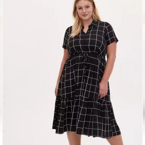 Torrid Midi Challis Button-Front Shirt Dress Black Plaid Women's Plus Size 1X - Picture 1 of 12